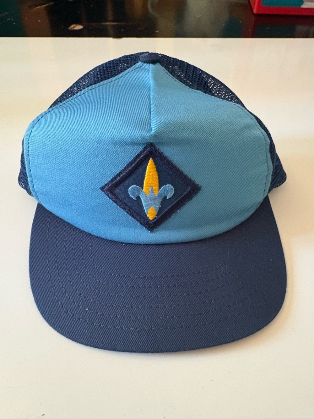 Vintage Snapback Boy Scouts Webelos Hat Cap Made in USA BSA Patch Blue Mesh Back